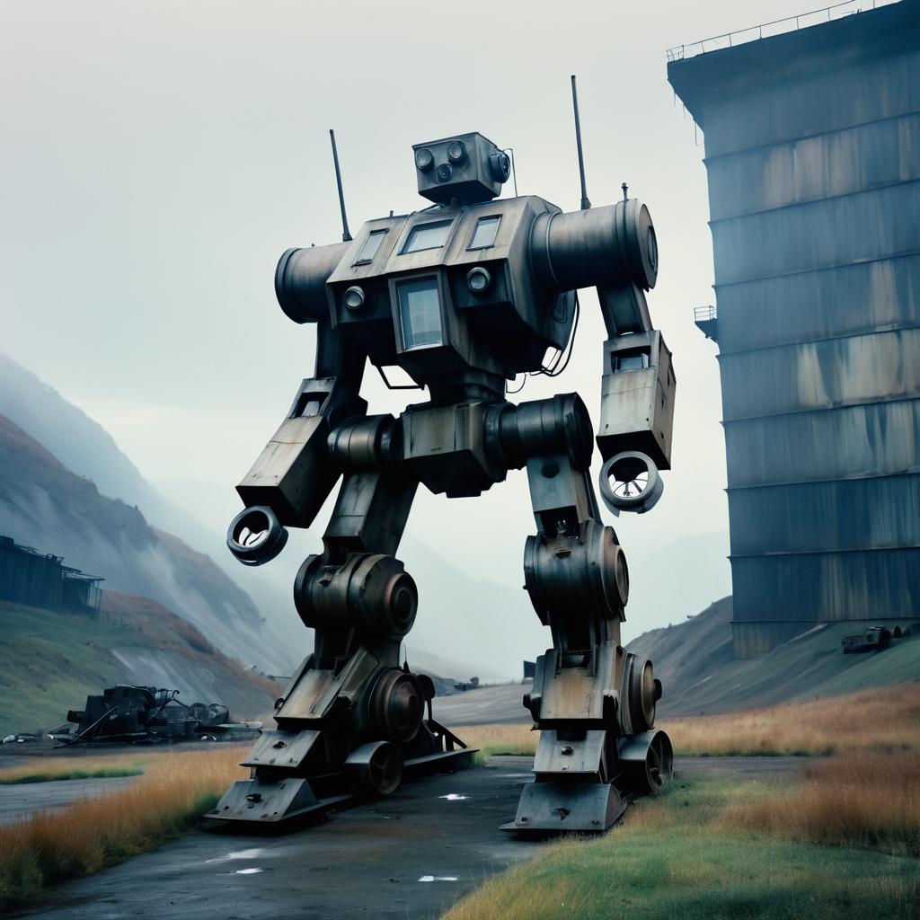 Giant Mech in Foggy Abandoned Warehouse