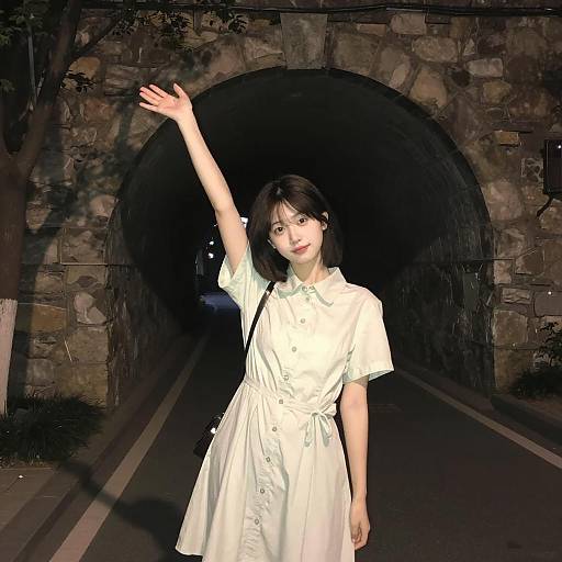 Young Woman at Night by Tunnel Entrance