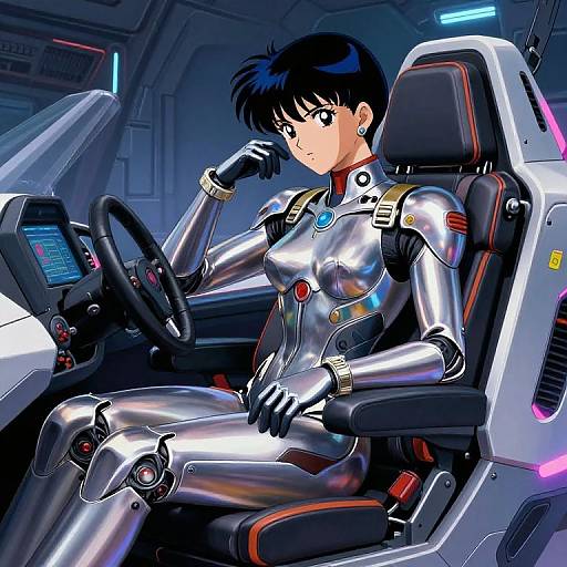 Digital anime-style illustration of a black-haired woman in a shiny, metallic, futuristic bodysuit, sitting in a high-tech spaceship cockpit.