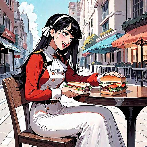 Anime Girl Enjoying Sandwich Outdoors