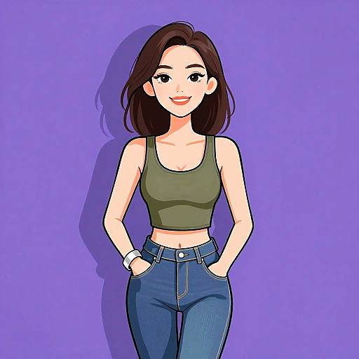 Digital drawing of a smiling woman with brown hair, green crop top, blue jeans, hands in pockets, purple background, shadow.