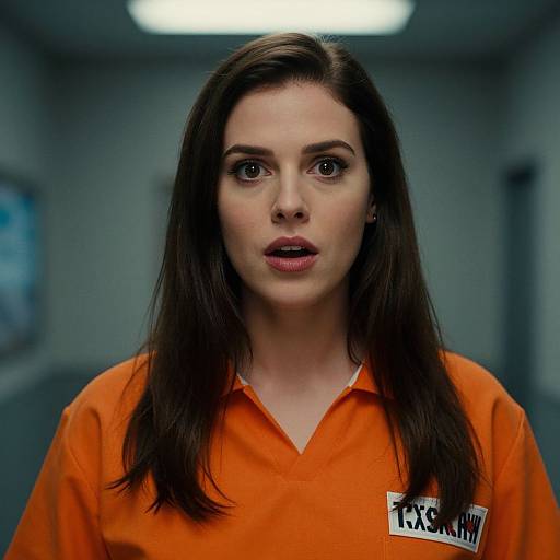 Photograph of a young woman with long brown hair, wearing an orange prison jumpsuit, standing in a dimly lit, blurred hallway. She has