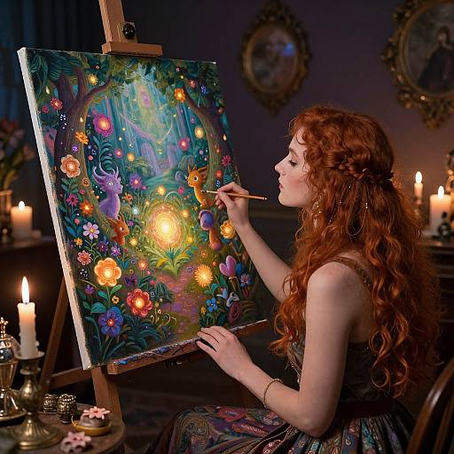 Photograph of a red-haired woman painting a vibrant, floral, glowing canvas in a dimly lit room with candles and ornate frames.