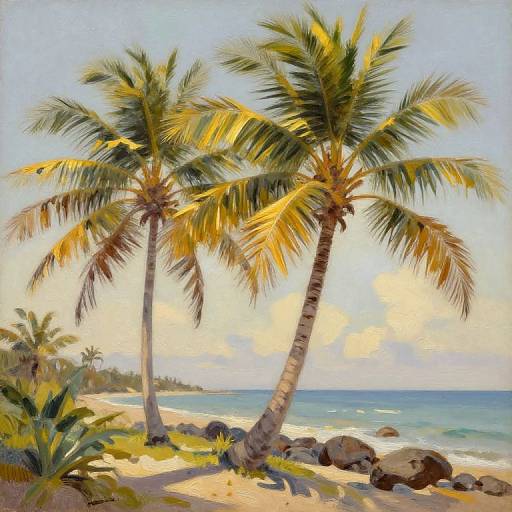 Digital painting of two tall, sunlit palm trees on a sandy beach with clear blue ocean, rocky shoreline, and a cloudy sky.