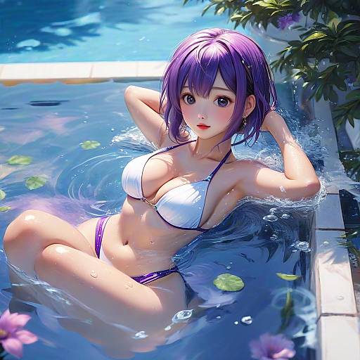 Digital anime-style artwork of a purple-haired woman with large breasts, wearing a white and purple bikini, lounging in a clear blue pool with lily