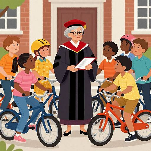 Digital illustration of an elderly woman in a black graduation robe and red hat, holding papers, surrounded by diverse children on bicycles in front of a brick building