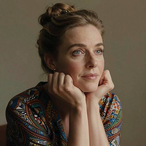 Photograph of a pensive woman with light brown hair in a bun, wearing a colorful, patterned blouse, resting her chin on her hands against