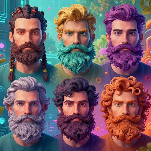 Digital artwork of six bearded men with vibrant, colorful beards and hairstyles in a neon-lit, futuristic background. Each beard and hair color is