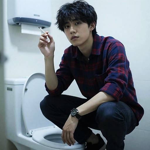 Candid Young Man on Toilet Scene