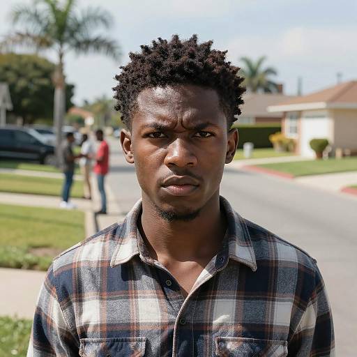 Young Black Man with Intense Expression on Suburban Street