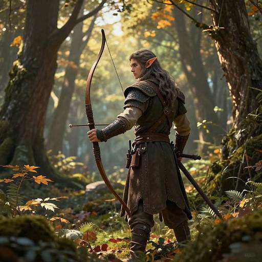 Photograph-style CGI of an elven archer with pointed ears, long brown hair, and medieval armor, drawing a bow in a sunlit,