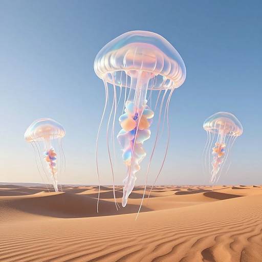 Photorealistic CGI of three translucent jellyfish with glowing interiors floating above a sunlit, rippled desert landscape under a clear blue sky.