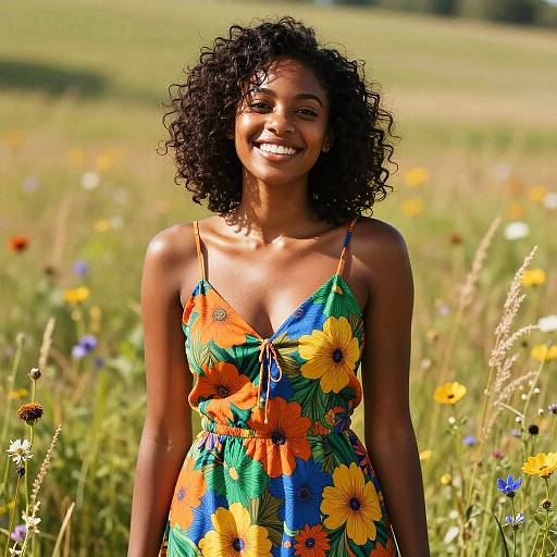 Photograph of a smiling, curly-haired Black woman in a vibrant floral sundress, standing in a sunny meadow filled with colorful wildflowers.