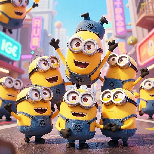Playful Minions in Neon City Chaos