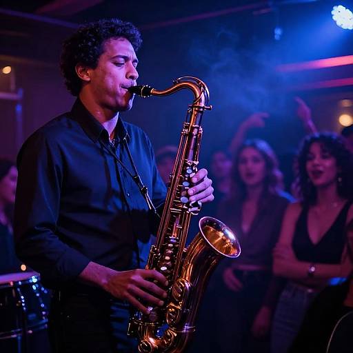 Photograph of a curly-haired, dark-skinned male saxophonist in a black shirt performing on stage, with a blue and purple lit background and