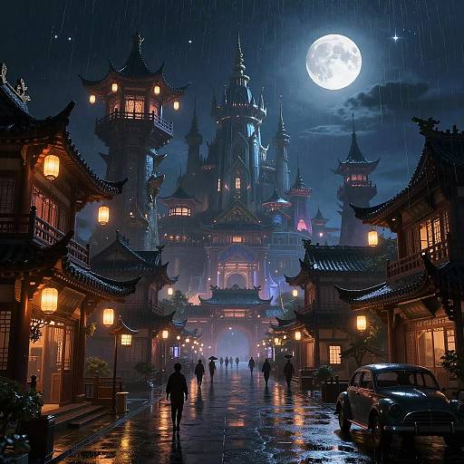 Rainy Moonlit Mystical Asian Village