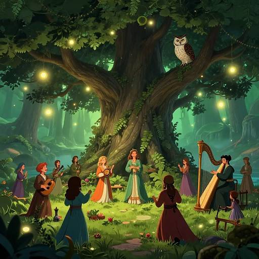Enchanted forest scene: fairy-tale women in colorful dresses sing and play under a large tree with glowing fireflies and a perched owl.
