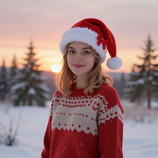 Photograph of a young blonde woman in a red Christmas sweater and Santa hat, smiling against a snowy sunset background with evergreen trees.
