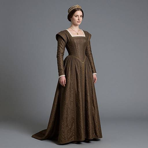 Photograph of a fair-skinned woman with dark hair in an elegant, dark brown, long-sleeved, Renaissance-style gown with gold embroidery,