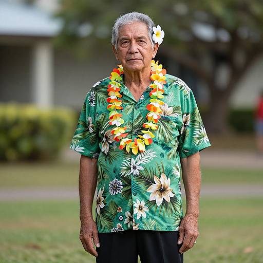 Elderly Man in Hawaiian Shirt with Floral Lei