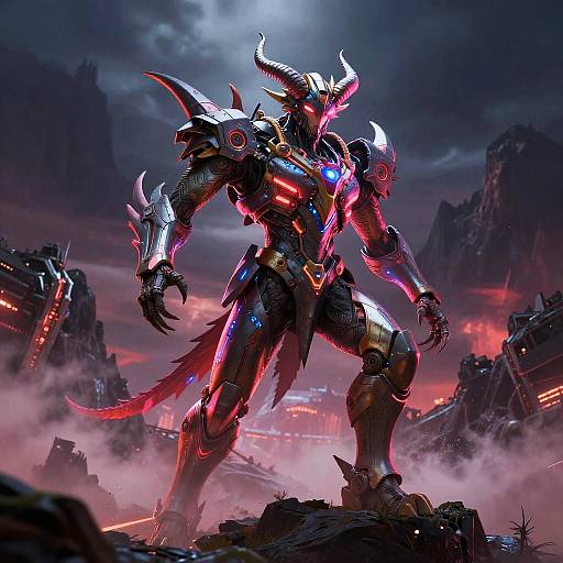 Glowing, horned robotic warrior with red and blue lights, standing on ruins in a dark, fiery, smoky dystopian cityscape.