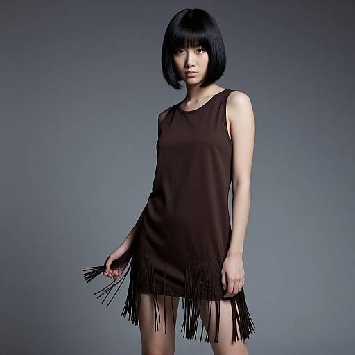 Photograph of an Asian woman with a black bob haircut, wearing a sleeveless, brown fringe dress, standing against a gradient blue-gray background.