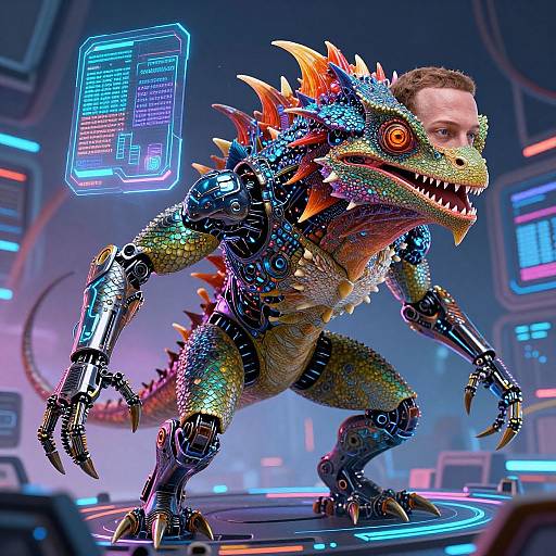 CGI image of a man's head on a robotic, colorful, spiked lizard body in a futuristic, neon-lit room with holographic displays.