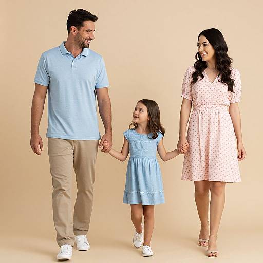 Photograph of a smiling family: a tall man in a light blue polo and beige pants, a woman in a pink polka-dot dress, and