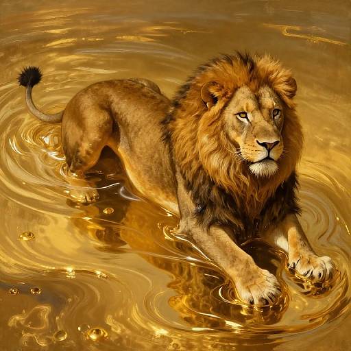 Photorealistic digital art of a majestic lion with a golden mane wading through shimmering, golden water, creating ripples. The lion's intense