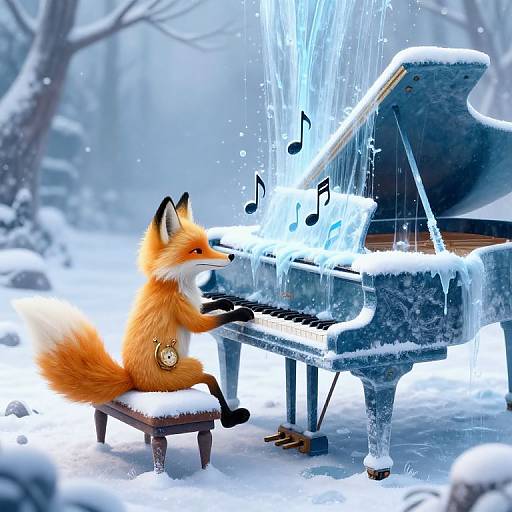 Golden Fox at Frozen Waterfall Piano
