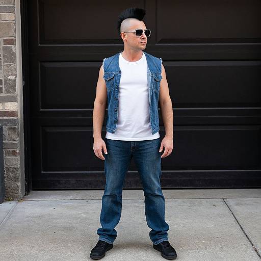 Photograph of a bald, pale-skinned man with a mohawk, wearing sunglasses, white t-shirt, denim vest, jeans, and black shoes