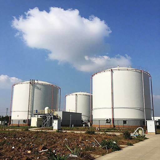 Photograph of three large, white, cylindrical grain silos under a bright blue sky with a single white cloud, surrounded by dry grass and a concrete