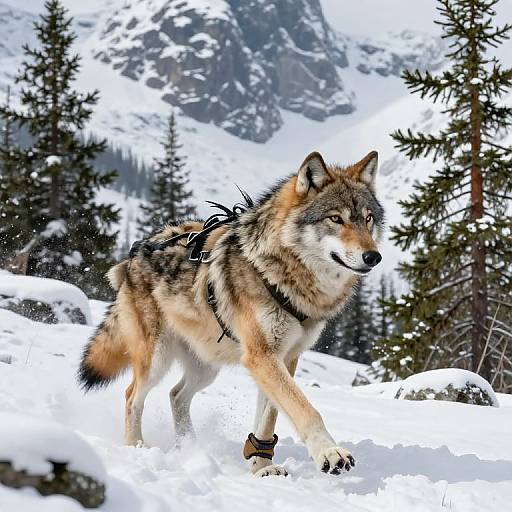 Photograph of a wolf with brown and gray fur, wearing a black harness, walking through a snowy forest with snow-covered mountains and pine trees in the