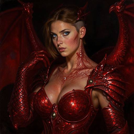 Digital artwork of a fierce, blue-eyed woman with red dragon armor, large wings, and intricate scales, set against a dark background.