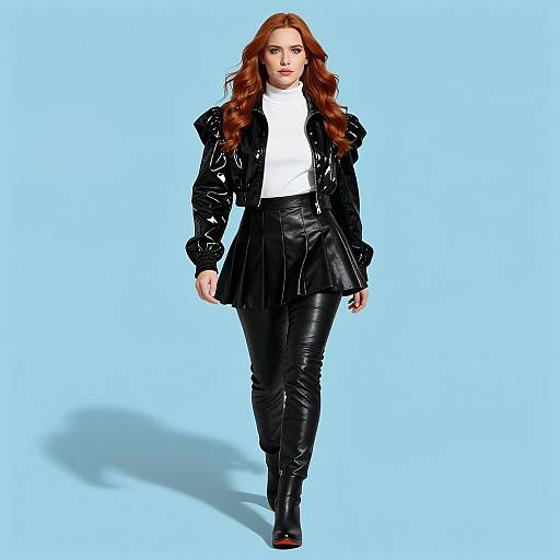 Photograph of a red-haired woman with wavy hair, wearing a black shiny jacket, white turtleneck, black leather skirt, and pants,
