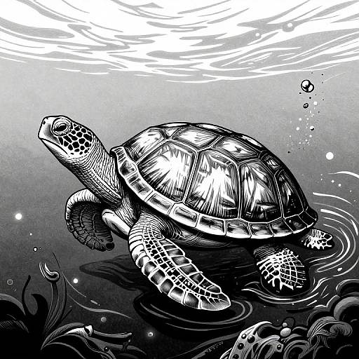 Black-and-white ink drawing of a detailed sea turtle swimming underwater, ripples, bubbles, and seaweed in the background.