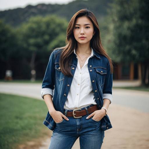 Asian Woman in Classy Casual Denim Outfit Outdoors