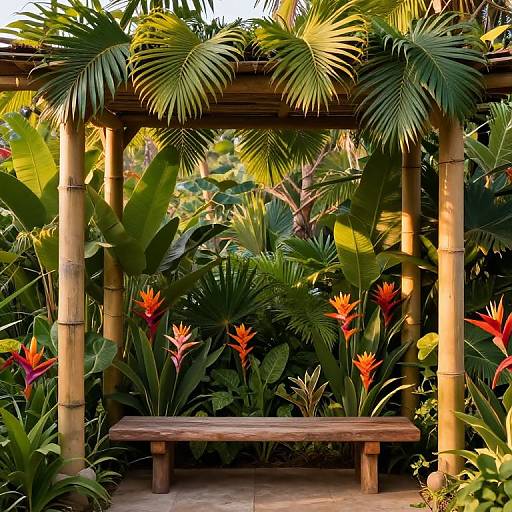 Photograph of a wooden bench beneath a bamboo pergola, surrounded by lush tropical plants, including palm leaves and vibrant bird of paradise flowers, in a