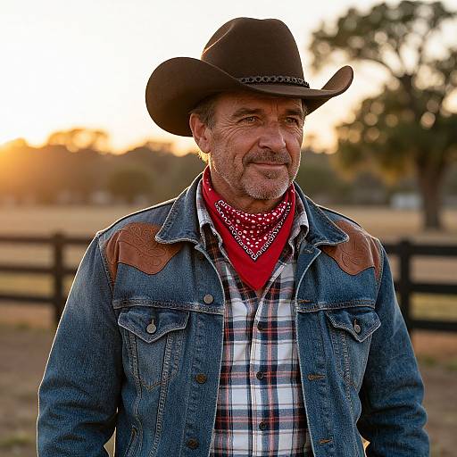 Photograph of a middle-aged man with a gray beard, wearing a black cowboy hat, red bandana, plaid shirt, and denim jacket,