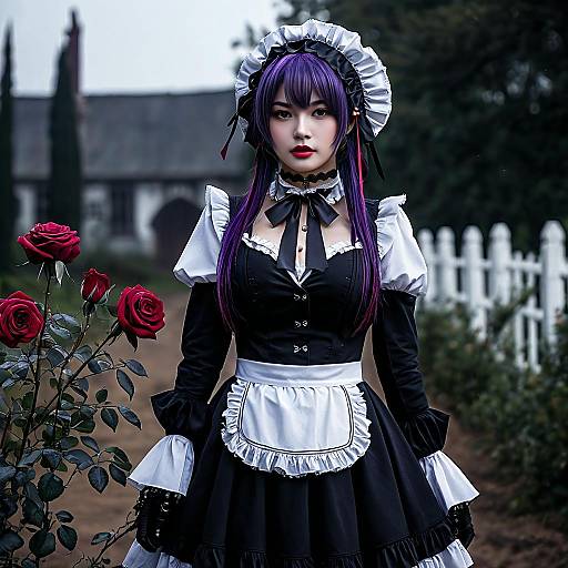 Photograph of an Asian woman with long purple hair, dressed in a black and white French maid outfit, standing in a garden with red roses and a