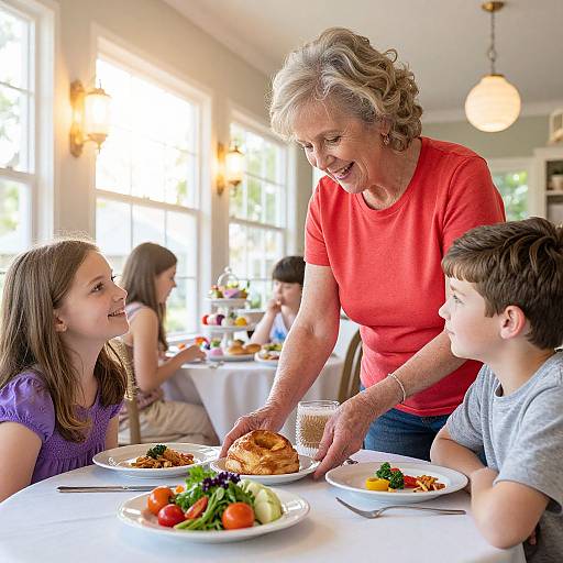 Photograph of an elderly woman in a red shirt serving dinner to a smiling girl and boy at a sunlit, decorated restaurant table.