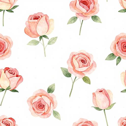 Watercolor pattern of pink and peach roses with green leaves on a white background, evenly spaced.