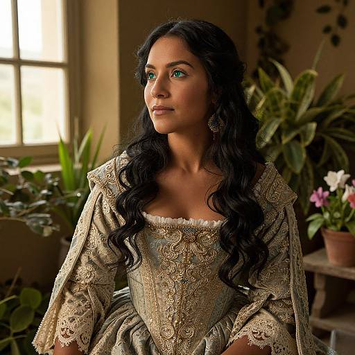 Photograph of a young woman with long, wavy black hair, wearing an ornate, cream-colored lace dress, gazing thoughtfully at a