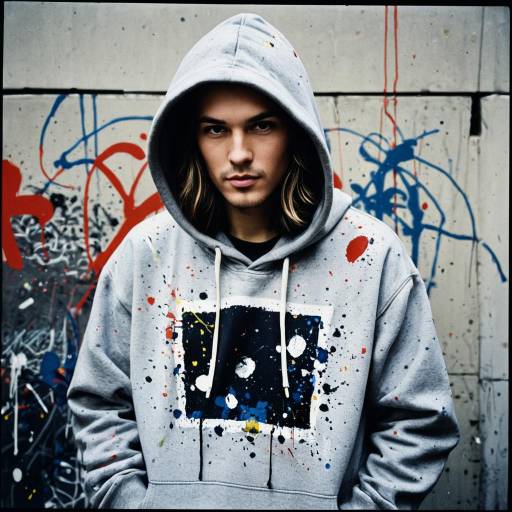 Urban Street Artist in Paint-Splattered Hoodie