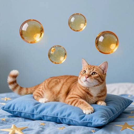 Photograph of an orange tabby cat with white chest and paws, lounging on a blue pillow, surrounded by floating golden bubbles on a star