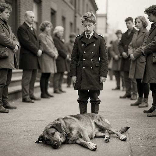Solemn Boy with Unconscious Dog Scene