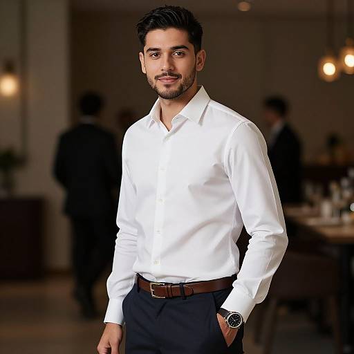 Photograph of a handsome, dark-haired man with a trimmed beard, wearing a white dress shirt, black pants, brown belt, and black watch,