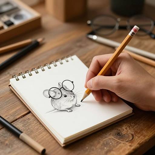 Photograph of a hand drawing a black and white cartoon mouse on a sketchpad with a pencil, surrounded by art supplies on a wooden table.