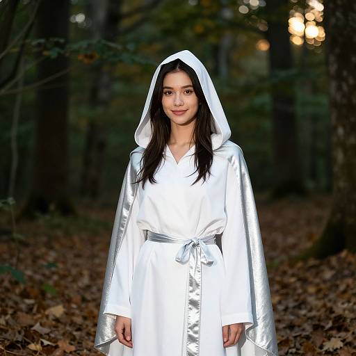 Photograph of a young woman with long dark hair, wearing a white hooded satin robe, standing in a forest with fallen leaves, sunlight filtering through