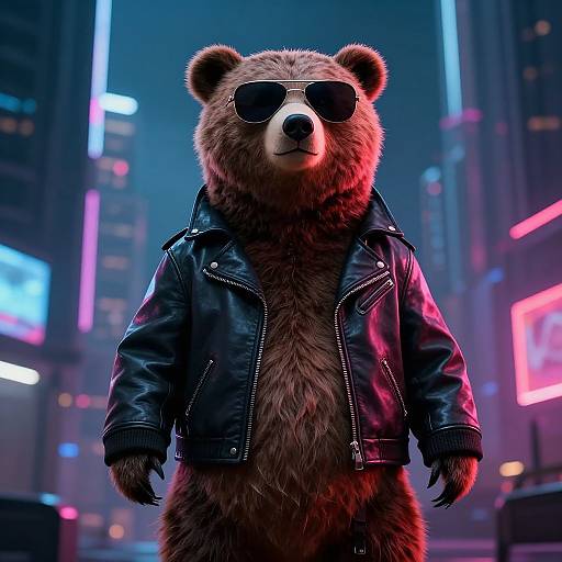 Digital artwork of a brown bear wearing a black leather jacket and sunglasses, standing in a neon-lit, futuristic cityscape at night.